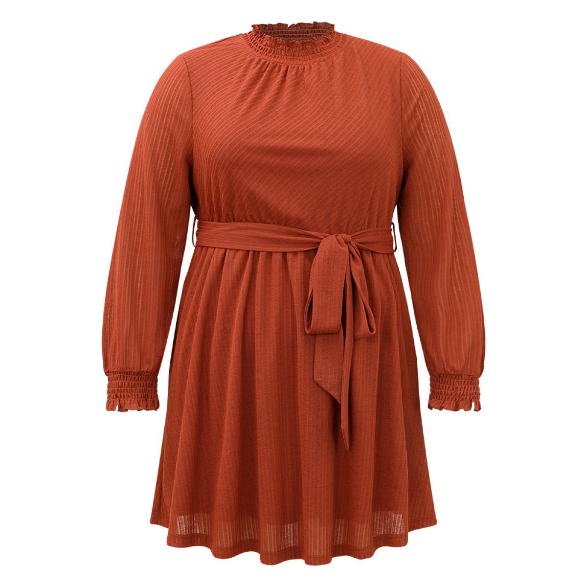 Plus Size Solid Shirred Belted Mock Neck Dress Rust Women Elegant Texture Mock Neck Long Sleeve Curvy Midi Dress BloomChic 18-20/2X Product Image