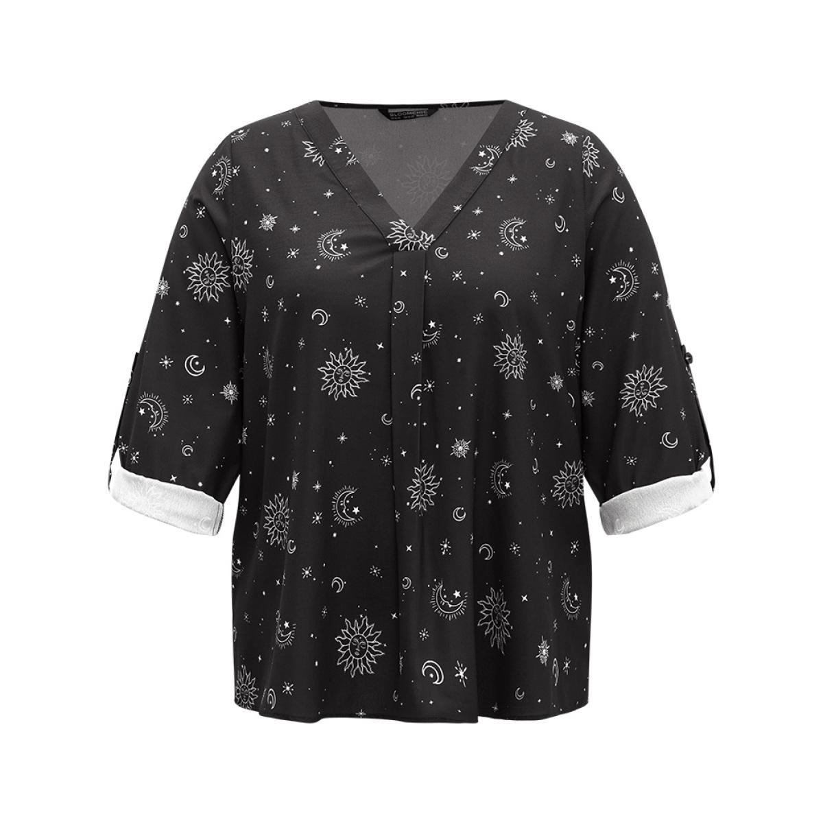 Plus Size Black Halloween Moon & Star Print Pleated Tab Sleeve Blouse Women Elegant Elbow-length sleeve V-neck Festival-Halloween Blouses BloomChic 26/4X Product Image