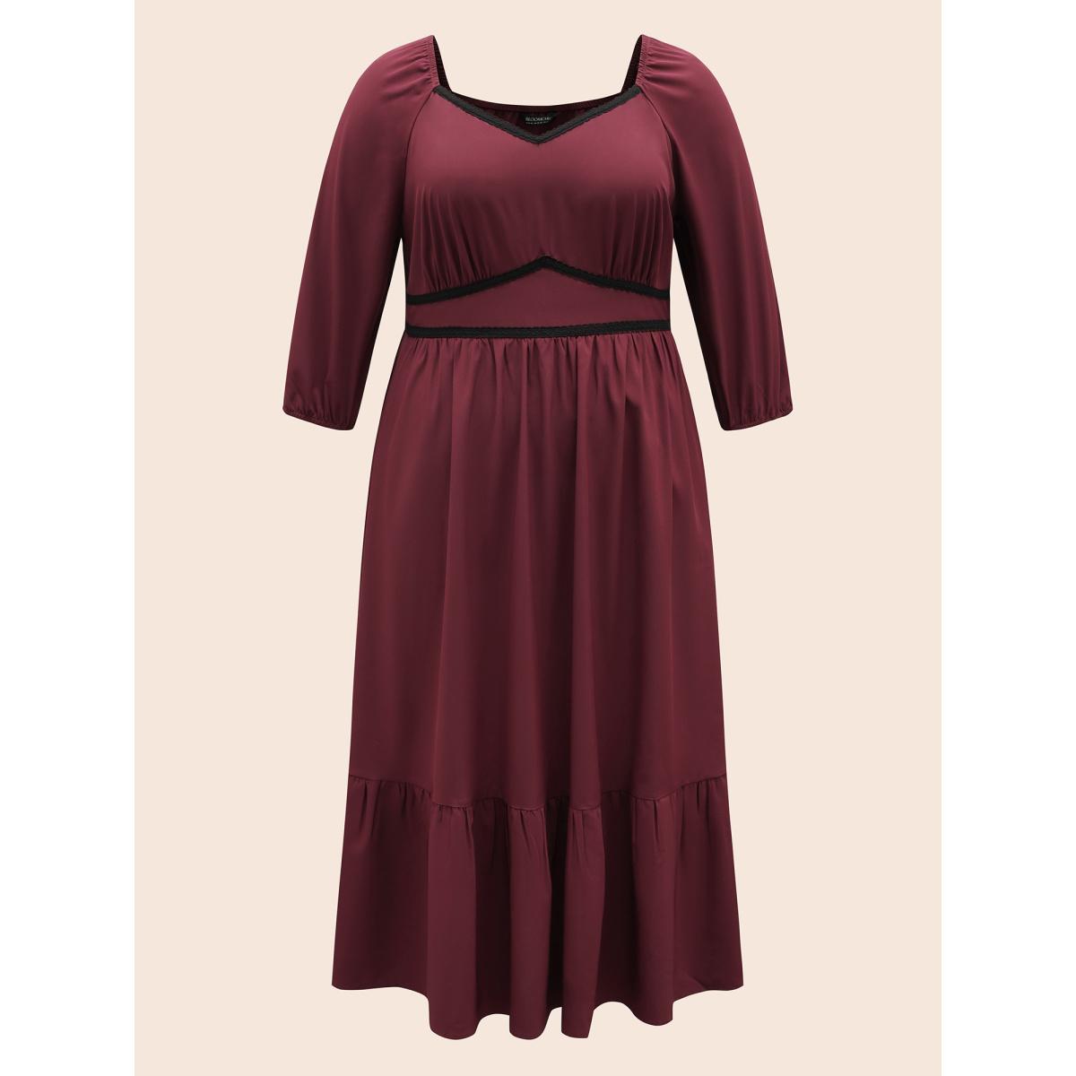 Plus Size Heart Neckline Woven Ribbon Midi Dress Burgundy Women Elegant Woven ribbon&lace trim Heart neckline Elbow-length sleeve Curvy BloomChic 22-24/3X Product Image