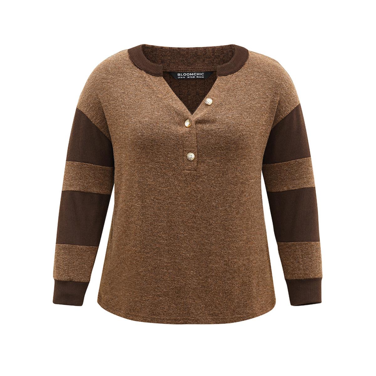 Plus Size Contrast Patchwork Notched Button Up T-shirt DarkBrown Women Casual Contrast Plain Notched collar Dailywear T-shirts BloomChic 26/4X Product Image