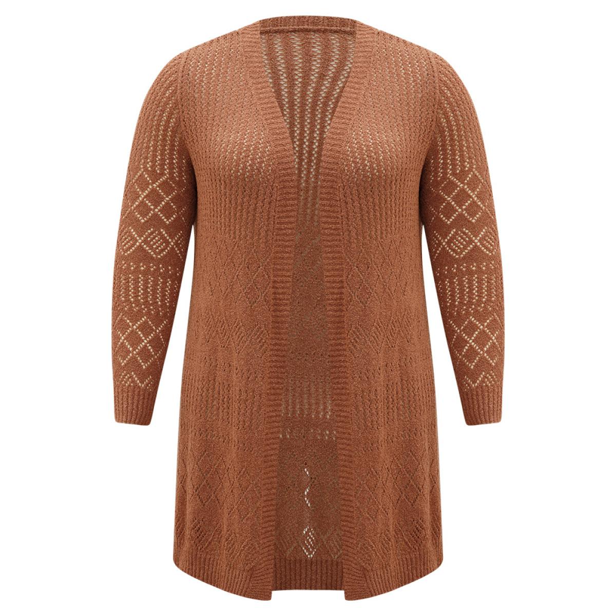 Plus Size Solid Geometric Hollow Out Open Front Cardigan Chocolate Women Casual Long Sleeve Dailywear Cardigans BloomChic 18-20/2X Product Image