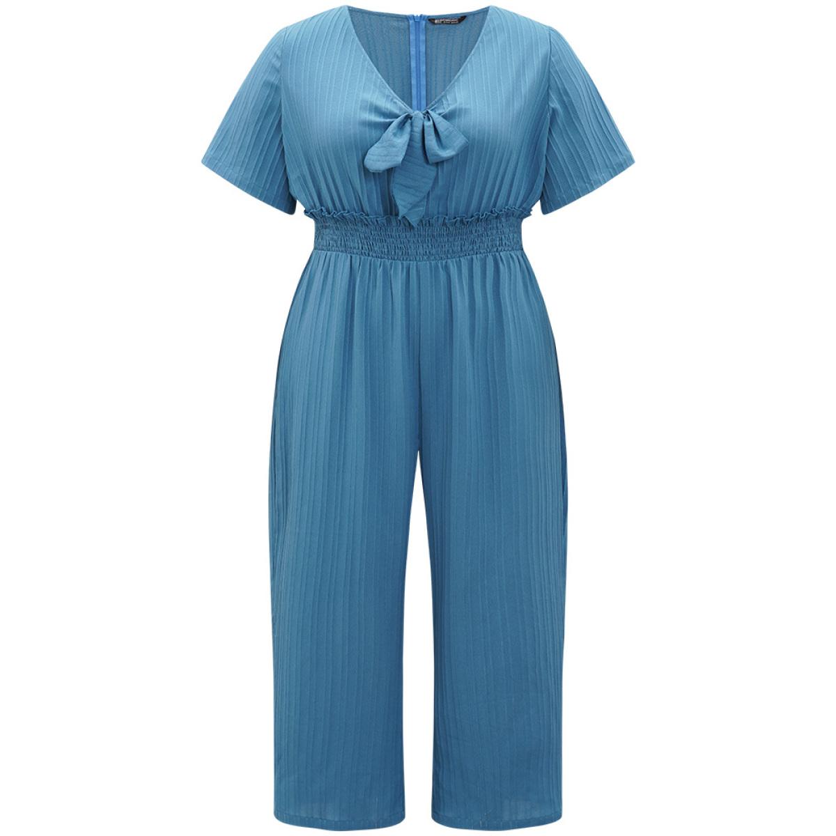 Plus Size Cerulean Textured Bowknot V Neck Shirred Pocket Jumpsuit Women Elegant Half Sleeve V-neck Dailywear Loose Jumpsuits BloomChic 30/6X Product Image