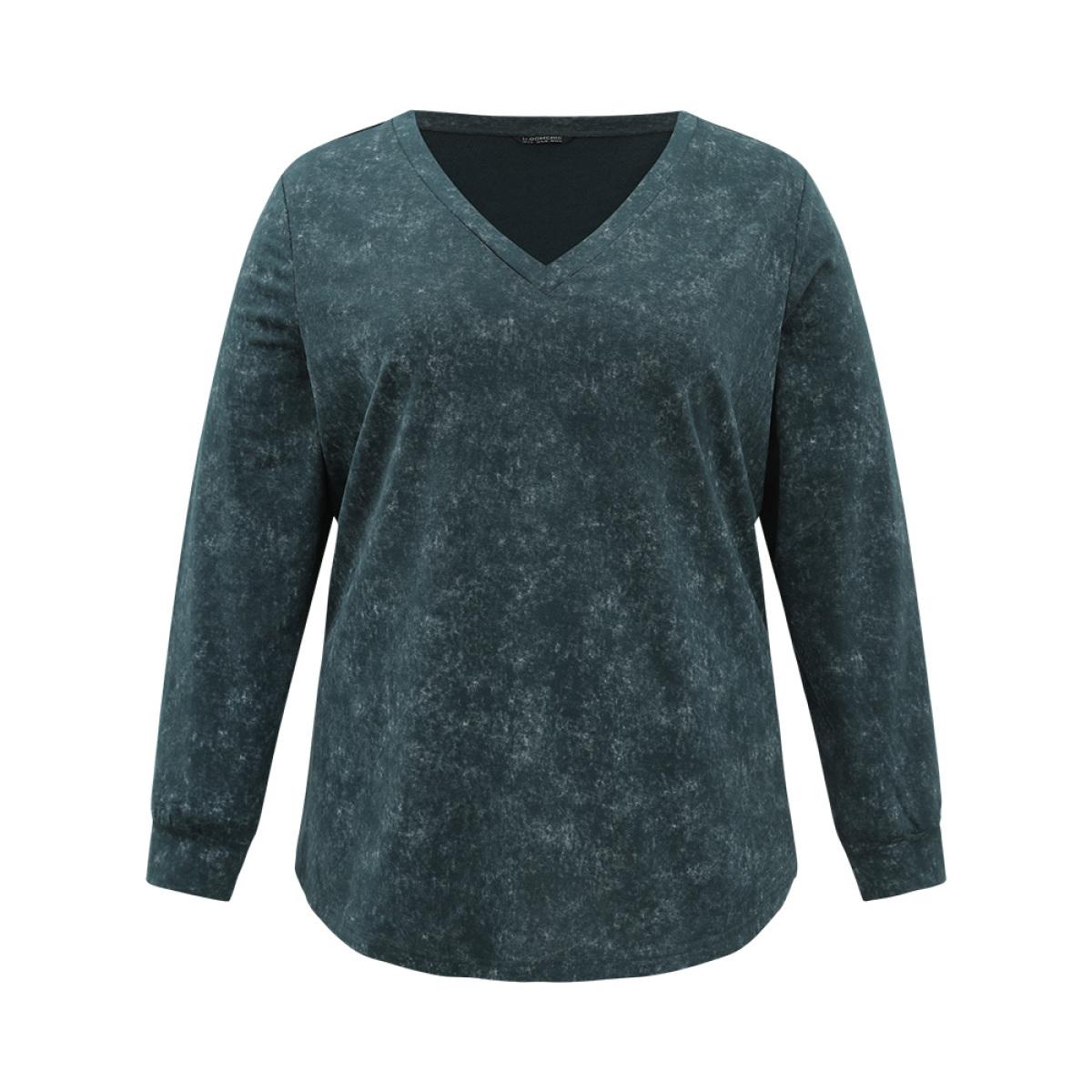 Plus Size Solid Vintage V Neck Sweatshirt Women Cyan Casual Plain V-neck Dailywear Sweatshirts BloomChic 12/L Product Image