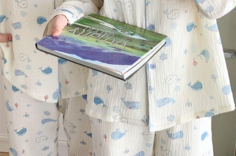Couple Matching Pajama Set: Long-Sleeve Whale Print Top + Pants Product Image