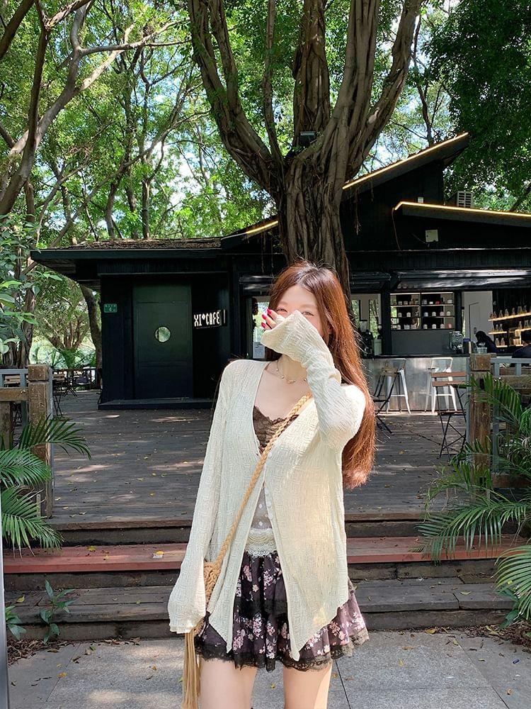 V-Neck Button-Up Plain Sheer Slit Cardigan Product Image