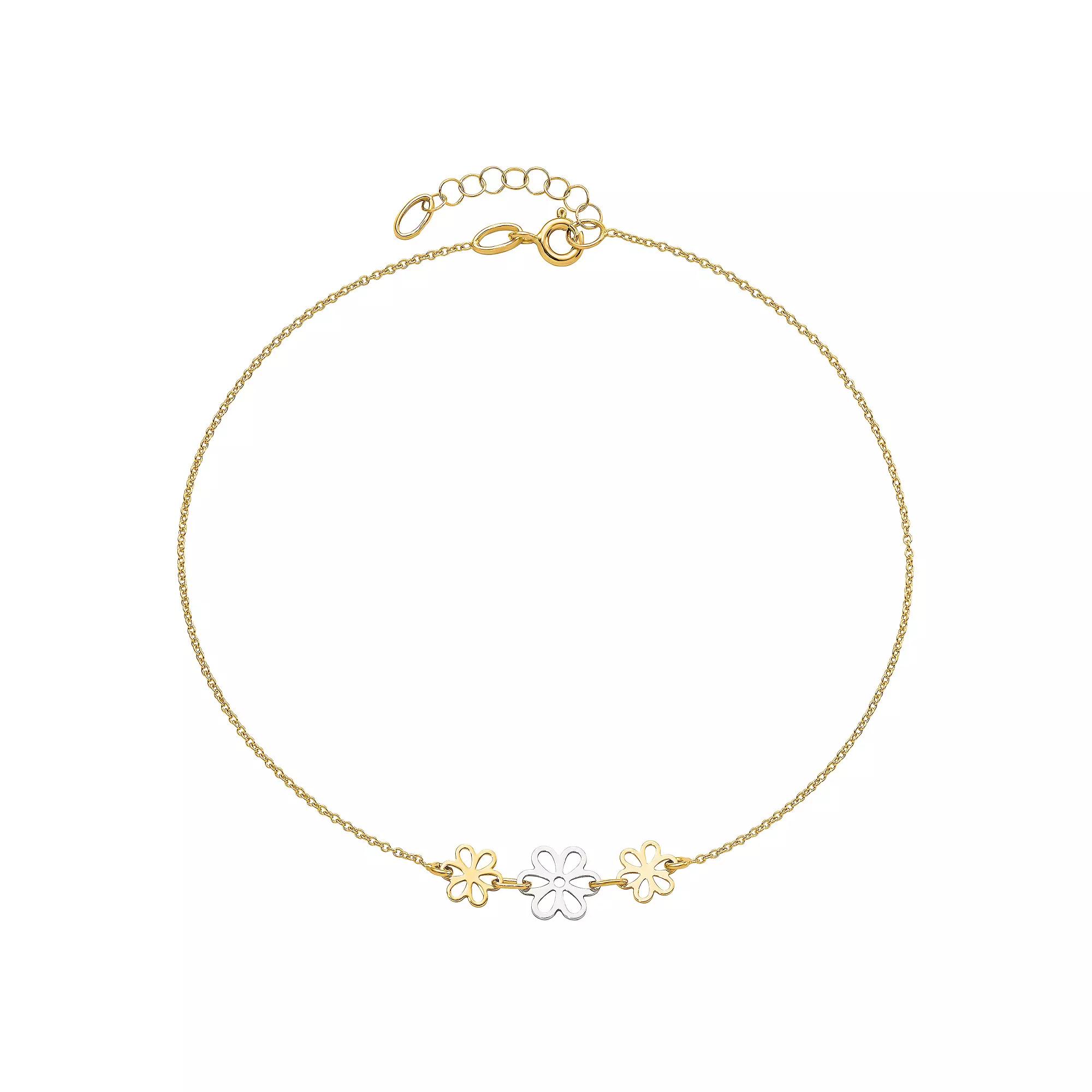 14k Gold Two-Tone Three Flower Anklet, Women's, Size: 9", 14k Two Tone Product Image