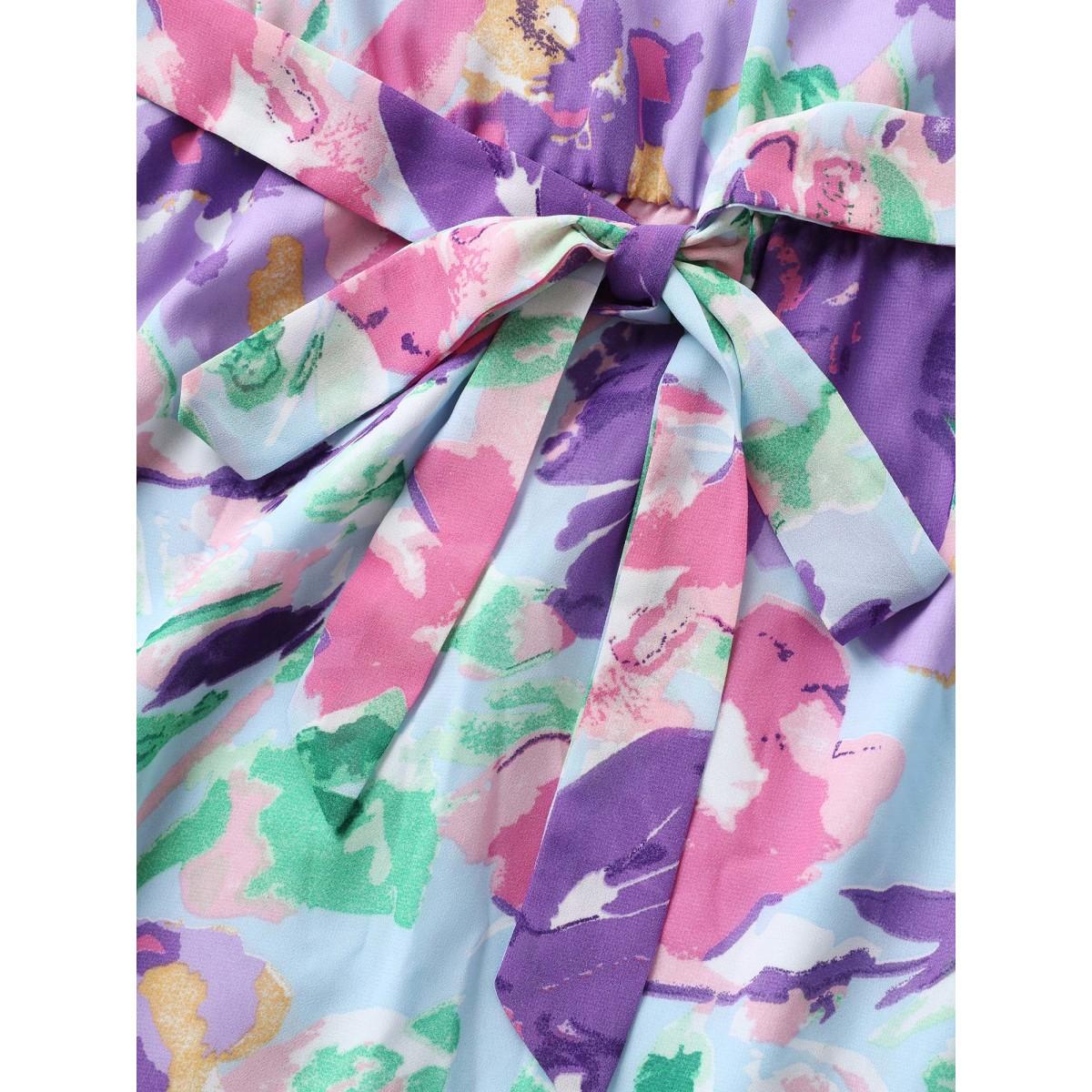 Plus Size Halter Neck Watercolor Floral Belted Dress LightBlue Women Elegant Gathered Halter neck Sleeveless Curvy BloomChic 18-20/2X Product Image