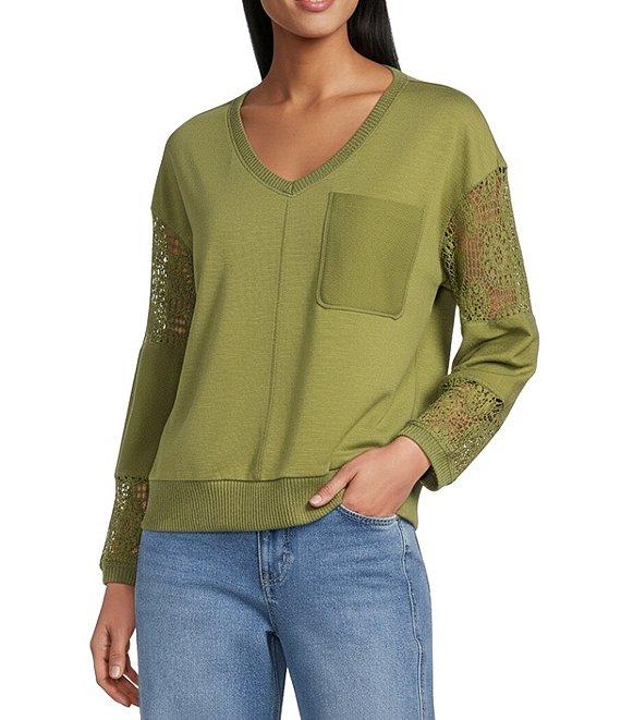 Nurture Petite French Terry Lace & Rib V-Neck Drop Shoulder Front Pocket Knit Pullover Product Image