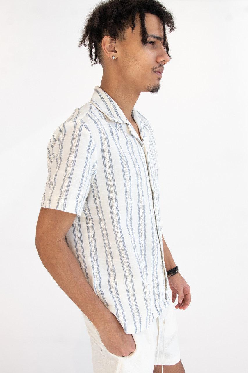 Navy Striped Textured Button Up Shirt Product Image