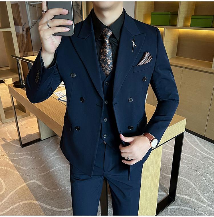 Set: Peak Lapel Plain Double-Breasted Blazer + V-Neck Single-Breasted Vest + High Waist Straight Leg Dress Pants Product Image