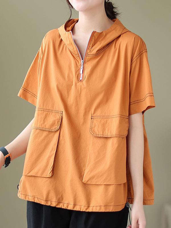 Loose Short Sleeves Zipper Hooded T-Shirts Tops Product Image
