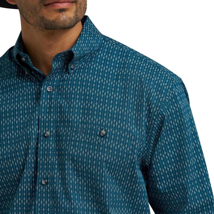 Wrangler® Men's L/S Blue Diamond Print Button Shirt Product Image