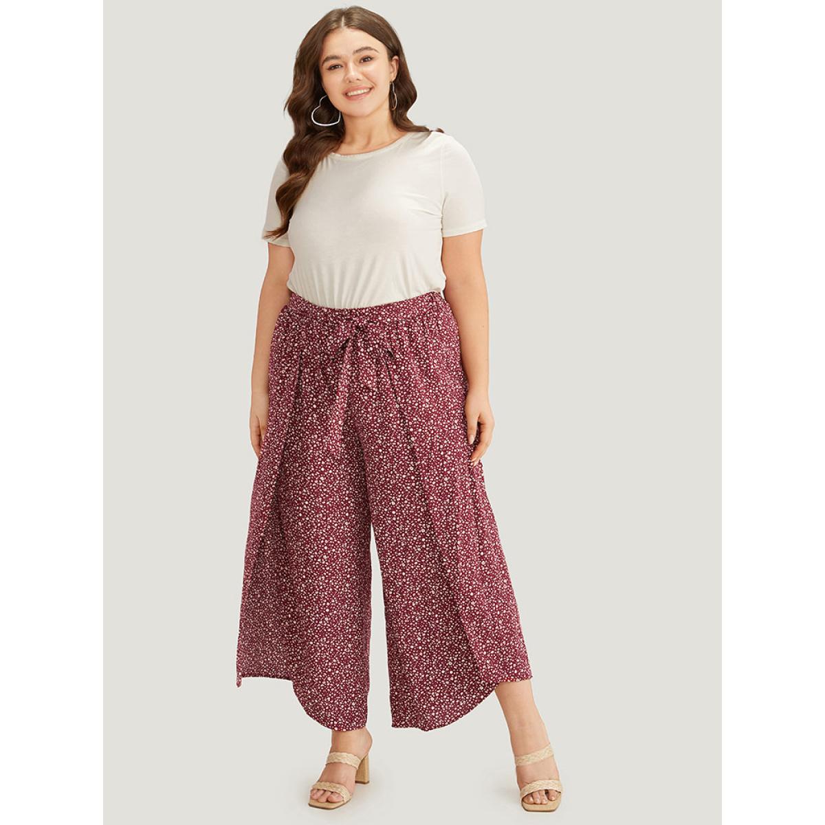 Plus Size Leopard Print Ties Wrap Hem Wide Leg Pants Women Burgundy Vacation Wide Leg High Rise Dailywear Pants BloomChic 28/5X Product Image