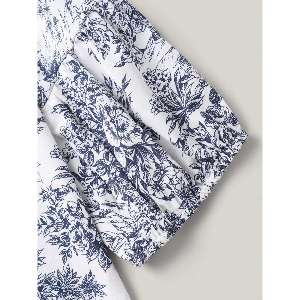 Plus Size DarkBlue Artistic Print A-Line Blouse Women Timeless Elbow-length sleeve V-neck Elegant Blouses BloomChic 12/L Product Image