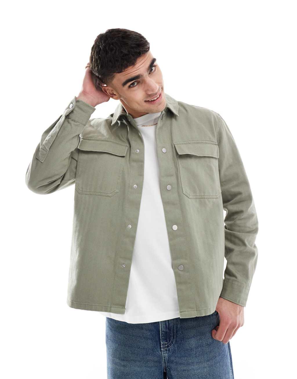 River Island herringbone overshirt in sage Product Image
