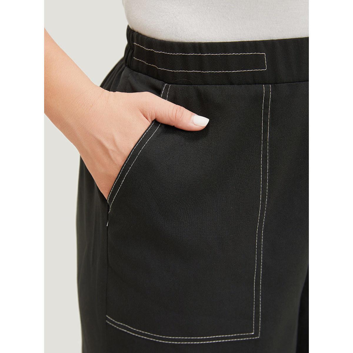 Plus Size Plain Stitch Slant Pocket High Rise Pants Women Black Elegant Straight Leg High Rise Dailywear Pants BloomChic 10/M Product Image