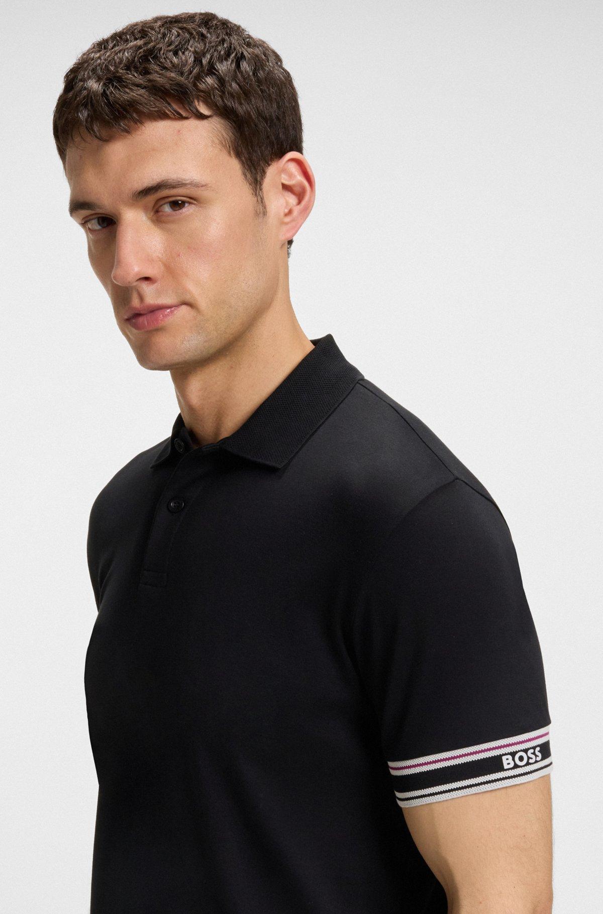 Slim-fit polo shirt in cotton with striped collar Product Image