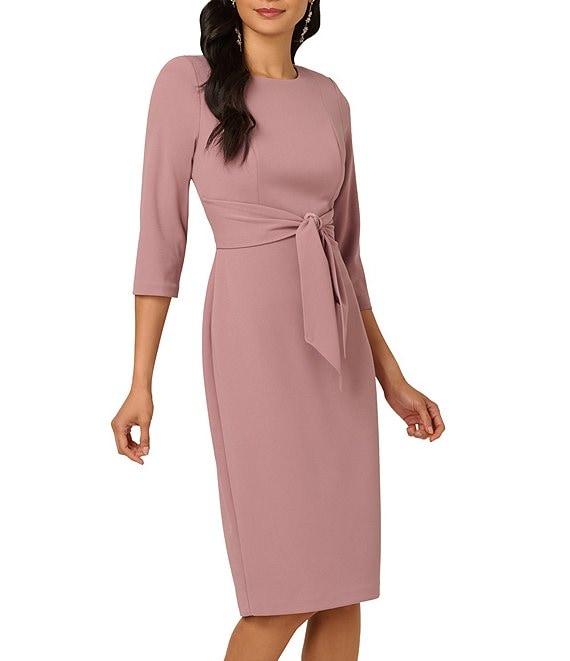 Adrianna Papell Stretch Crepe Crew Neck Tie Waist 3/4 Sleeve Midi Sheath Dress Product Image
