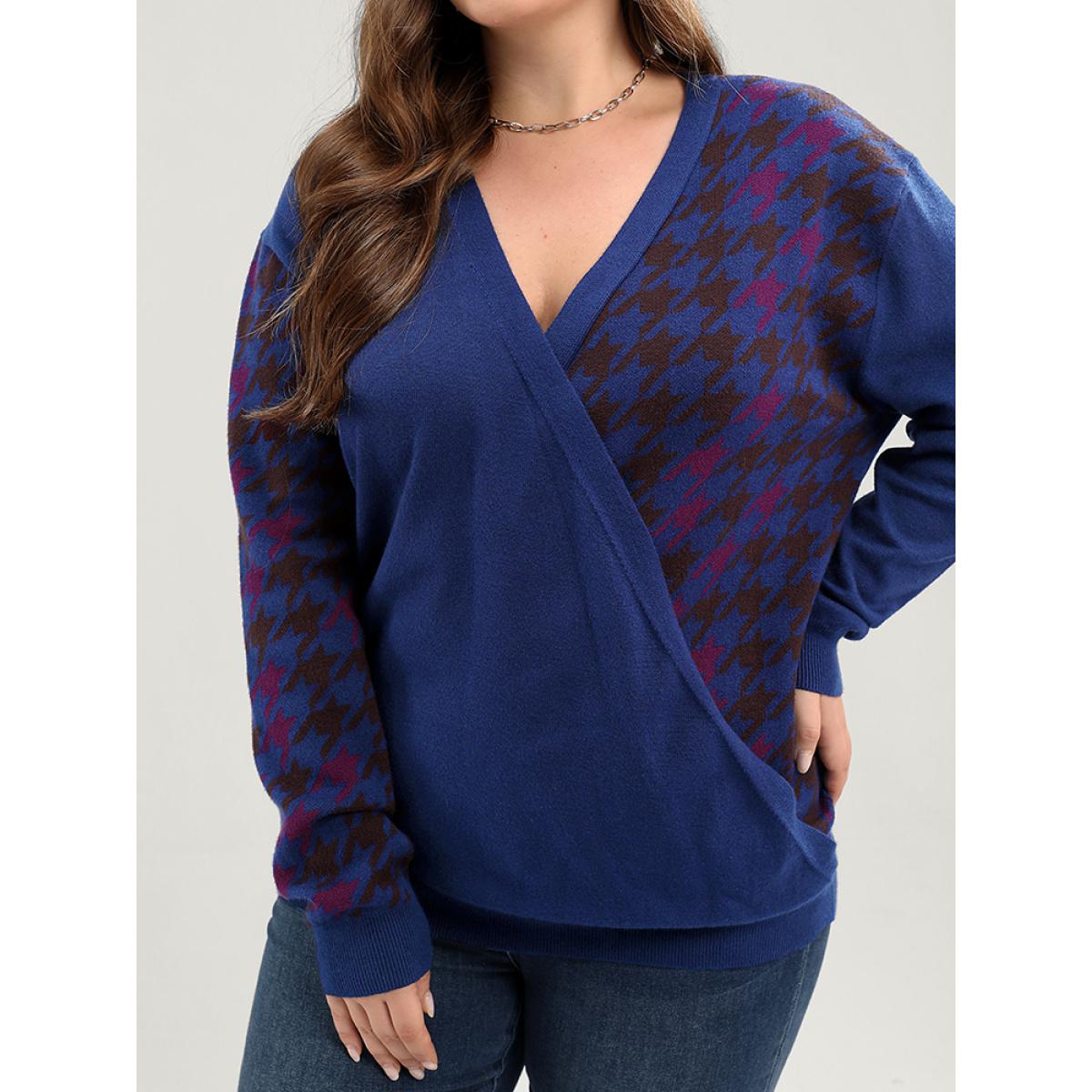 Plus Size Houndstooth Contrast Super Soft Knit Jacquard Wrap Knit Top Blue Women Elegant Loose Long Sleeve Deep V-neck Dailywear Pullovers BloomChic 18-20/2X Product Image