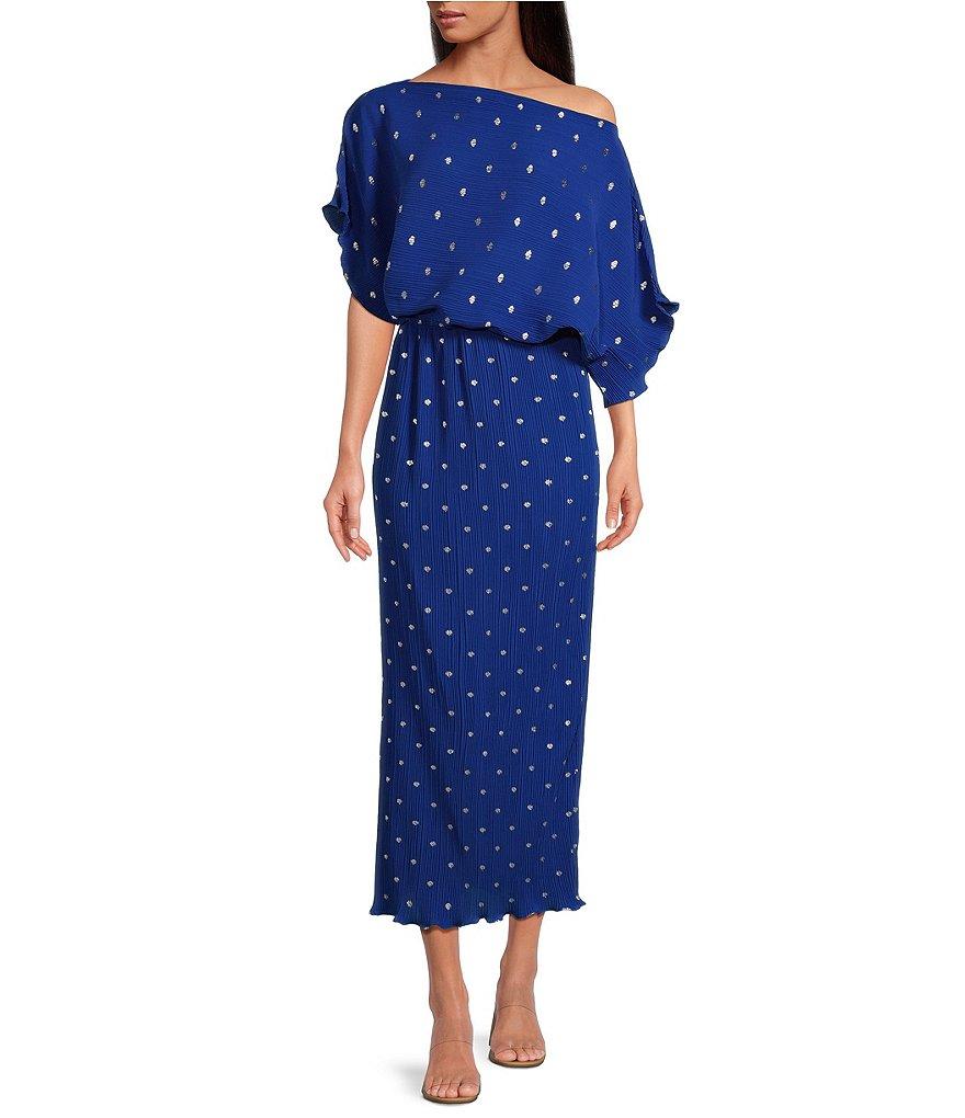 Never Fully Dressed Tilly Plisse Gold Fleck Print One Shoulder Neck Short Sleeve Maxi Dress Product Image