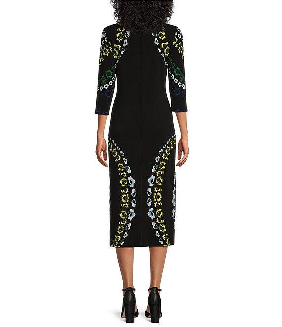 Eva Varro Knit Jersey Floral Pattern Crew Neck 3/4 Sleeve Side Slit Midi Dress Product Image