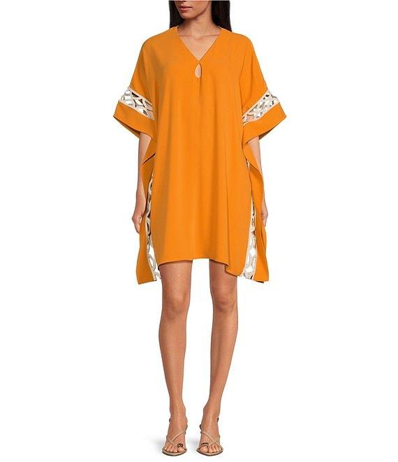 Trina Turk Amoreaux Double Georgette V-Neck Keyhole Elbow Sleeve Caftan Dress Product Image