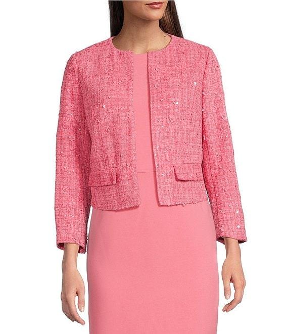 Anne Klein Sequin Tweed Round Neck Kissing Open Front Long Sleeve Jacket Product Image