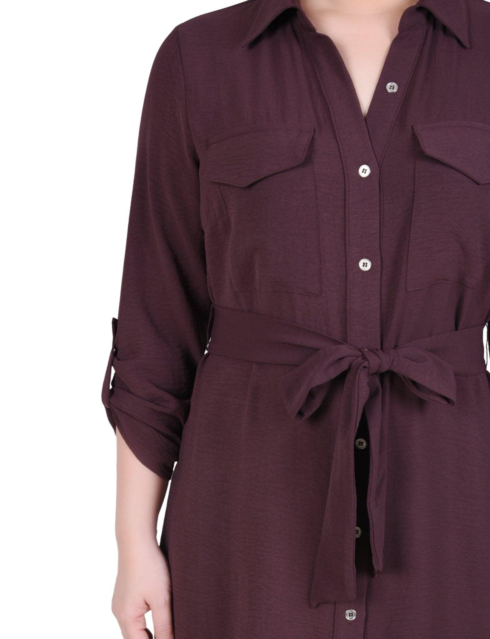 Burnt Olive Long Roll Tab Sleeve Shirtdress Product Image