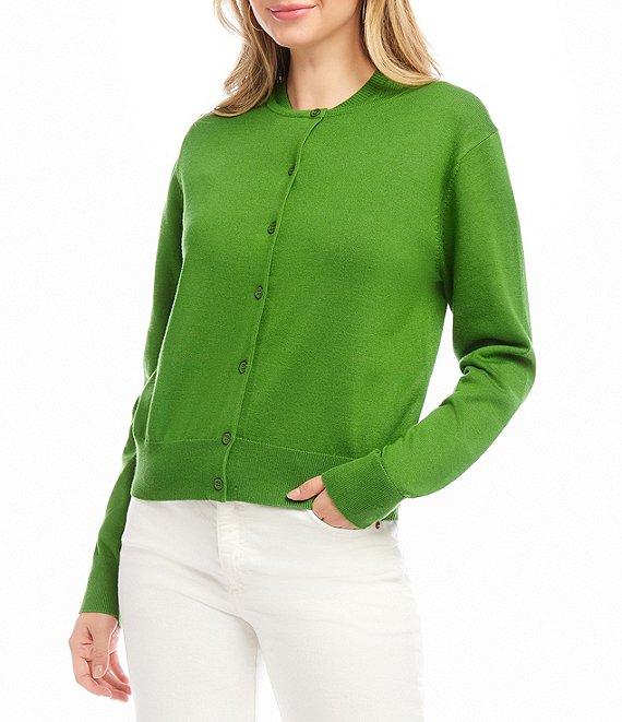 Karen Kane Ribbed Crew Neck Long Sleeve Button Front Cardigan Product Image