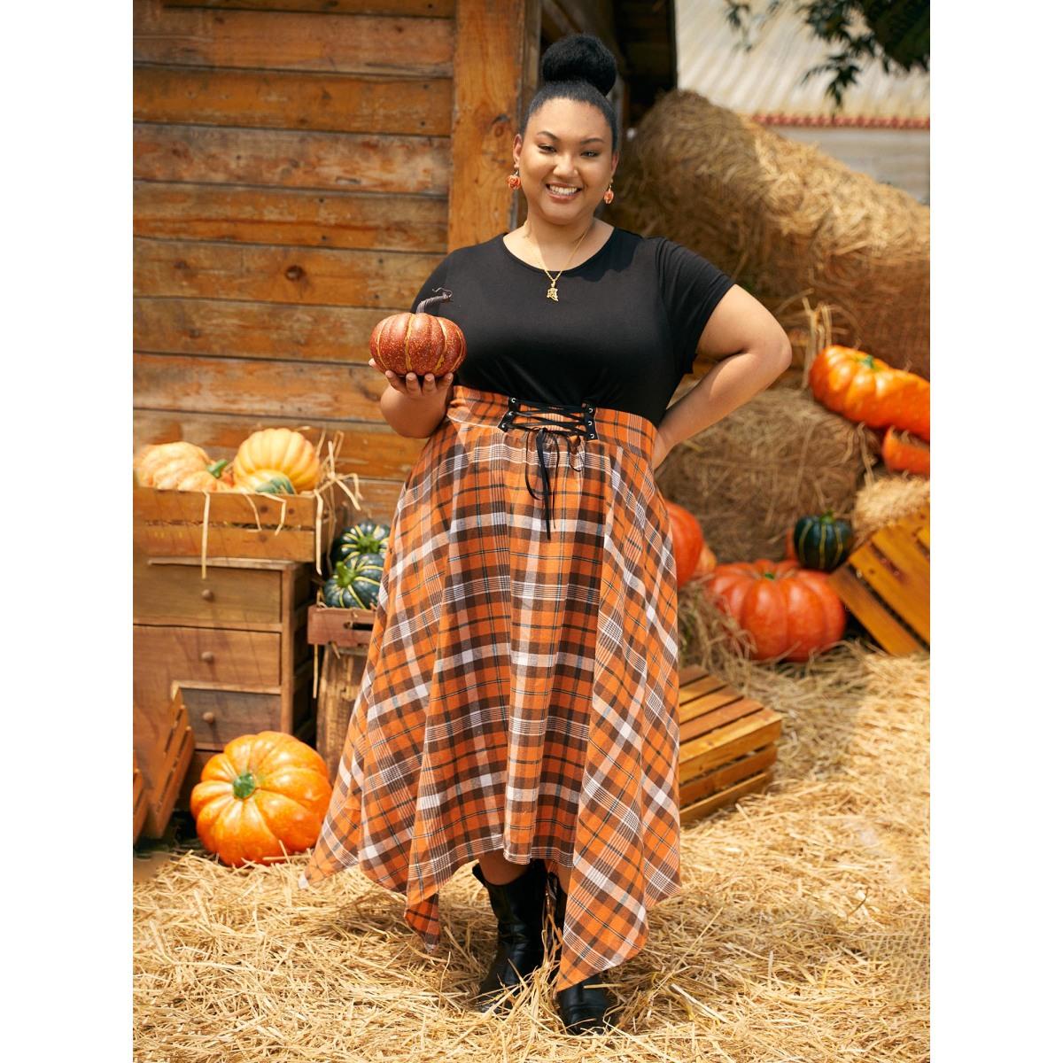 Plus Size Elastic Plaid Asymmetrical Hem Dress Brightorange Women Cocktail Wraparound straps Party Curvy Bloomchic 26/4X Product Image