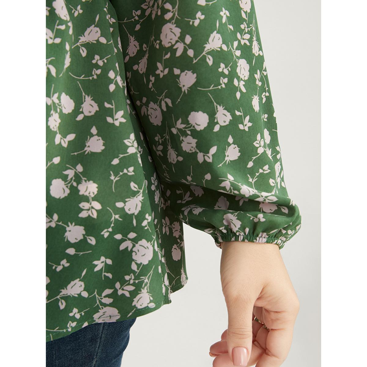 Plus Size Green Ditsy Floral V Neck Lantern Sleeve Blouse Women Elegant Long Sleeve V-neck Dailywear Blouses BloomChic 10/M Product Image