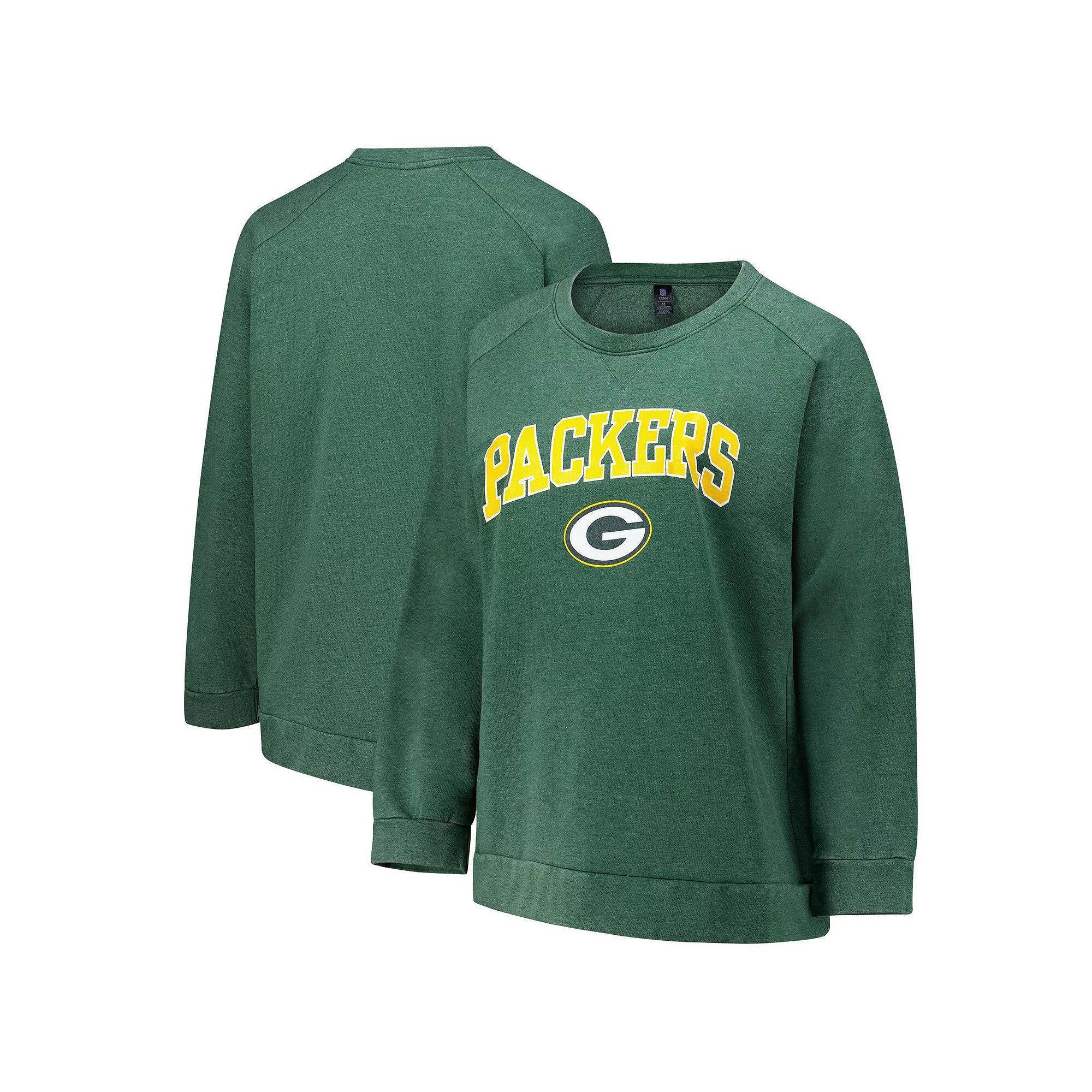 Women's Fanatics Heather Green Green Bay Packers Acid Wash Raglan Pullover Sweatshirt,  Product Image