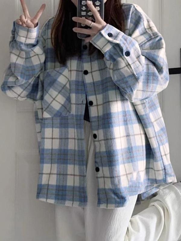 Vintage Plaid Print Brushed Long Sleeve Blouse Product Image