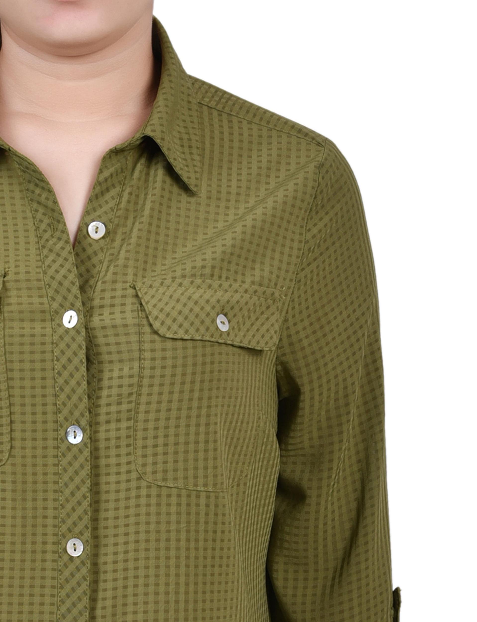 Olive 3/4 Sleeve Windowpane Blouse Product Image