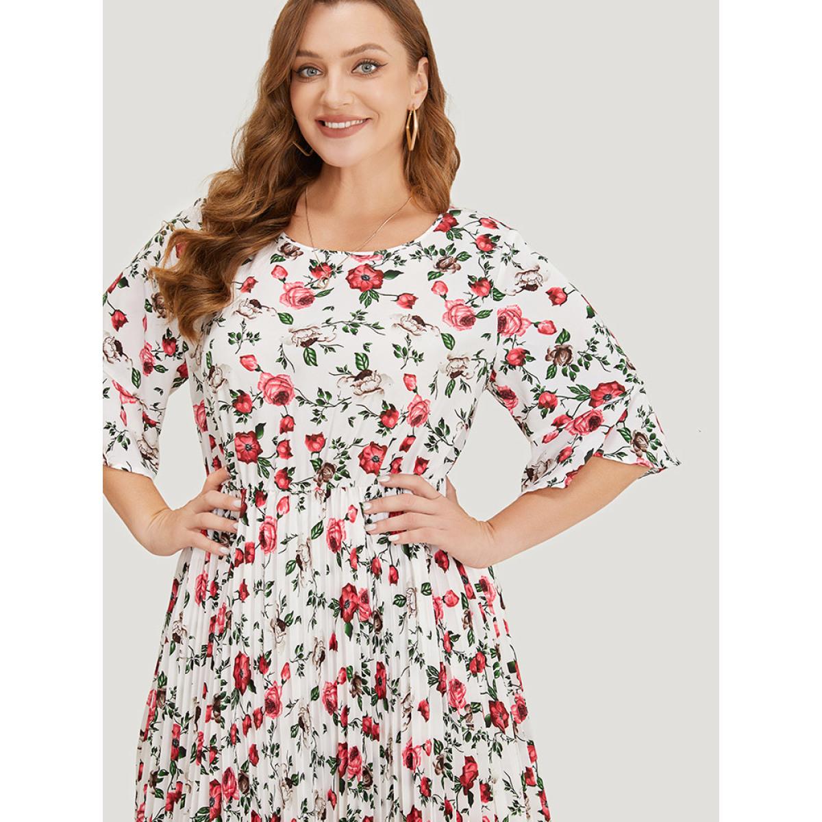 Plus Size Floral Print Pleated Hem Pocket Bell Sleeve Midi Dress Multicolor Women Elegant Pleated Round Neck Half Sleeve Curvy Midi Dress BloomChic 10/M Product Image