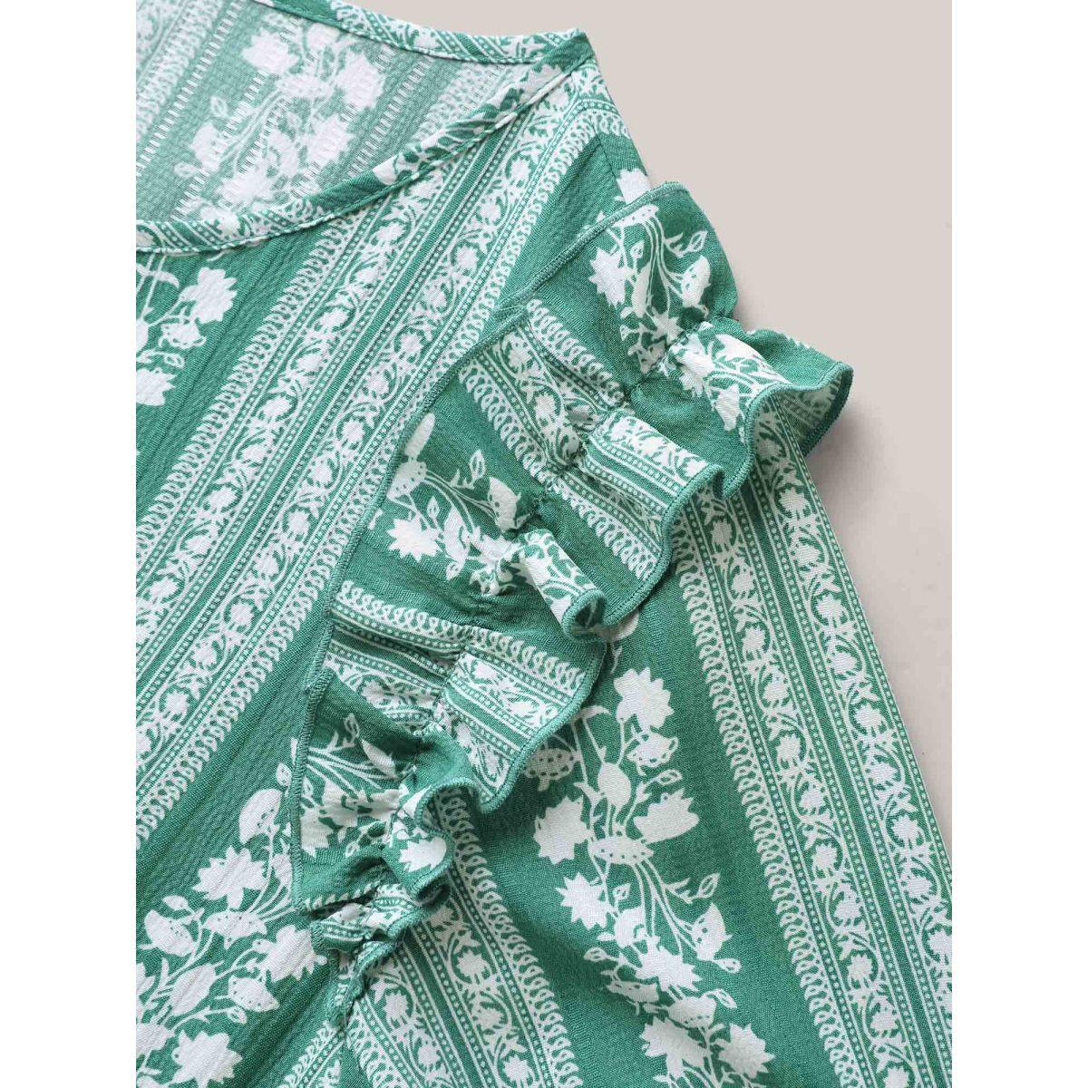 Plus Size Teal Floral Print Ruffled Detail Sleeve Blouse Women Short sleeve Flat collar with V-notch Everyday-Elegant Blouses BloomChic 26/4X Product Image