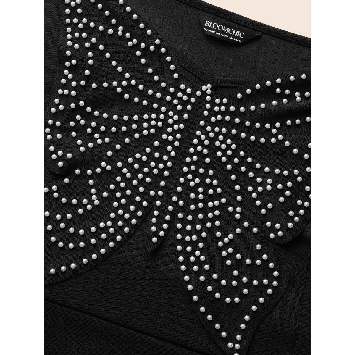 Plus Size Butterfly Pearl Beaded Cami Dress Black Women Elegant Beaded V-neck Sleeveless Curvy BloomChic 22-24/3X Product Image
