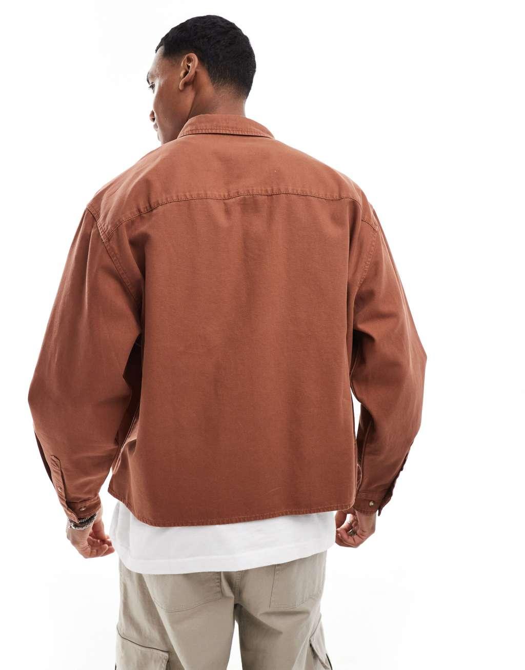 ASOS DESIGN boxy oversized shirt with placement badge in rust  Product Image