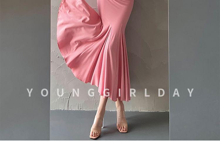 Short-Sleeve Square-Neck Plain Midi Mermaid Dress (Various Designs) Product Image