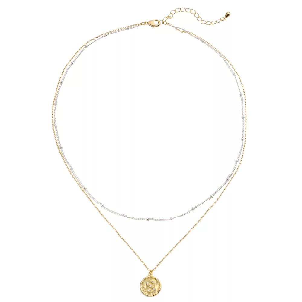 City Luxe Two Tone Layered Initial Disc Necklace with Cubic Zirconia, Women's, Size: 18", Two Tone S Product Image