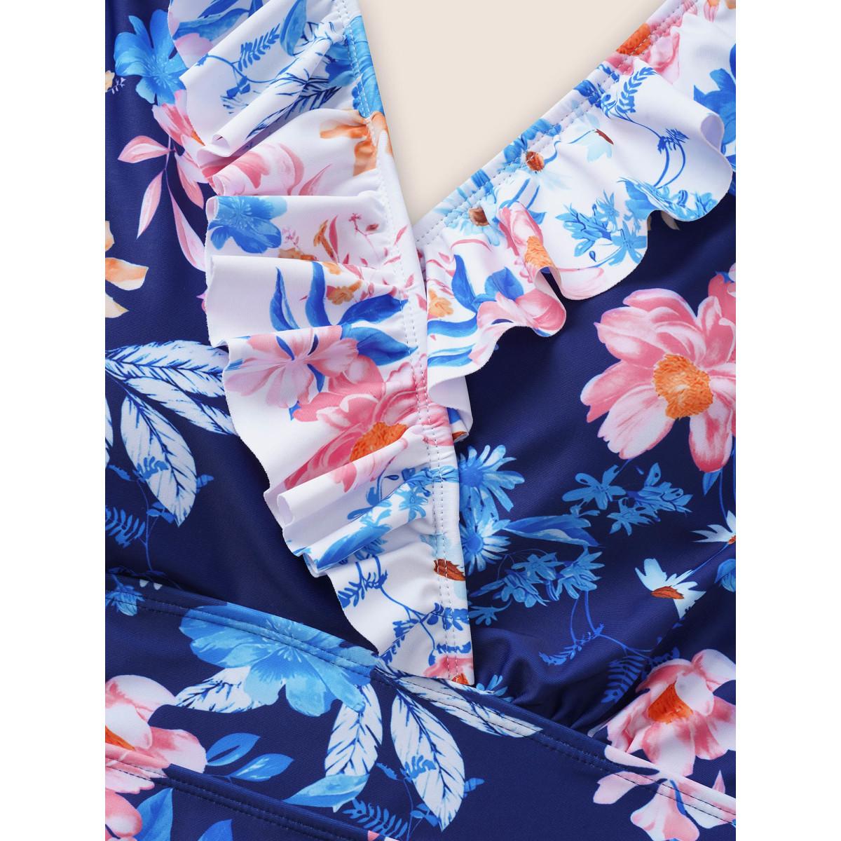 Plus Size Floral Ruffle Trim Adjustable Straps One Piece Swimsuit Women's Swimwear Indigo Beach Non Curve Bathing Suits High stretch One Pieces BloomChic 28/5X Product Image