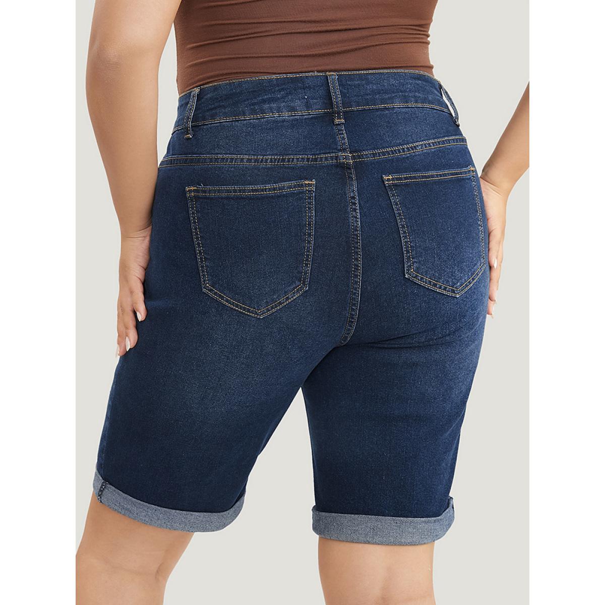 Plus Size Slightly Stretchy High Rise Dark Wash Distressed Denim Shorts Women DarkBlue Casual Plain Distressed Low stretch Pocket Jeans BloomChic 10/M Product Image