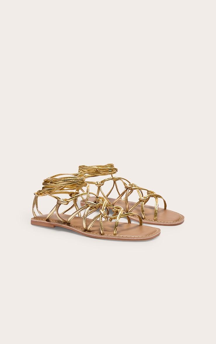 Gold Metallic Real Leather Square Toe Knotted Strap Tie Up Sandals Product Image