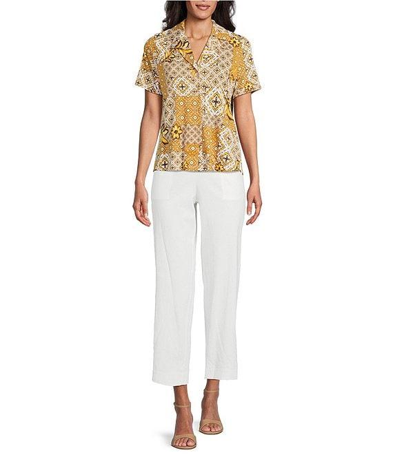 Investments Petite Size Knit Mosaic Patchwork Short Sleeve Button Front Notch Collar Camp Top Product Image