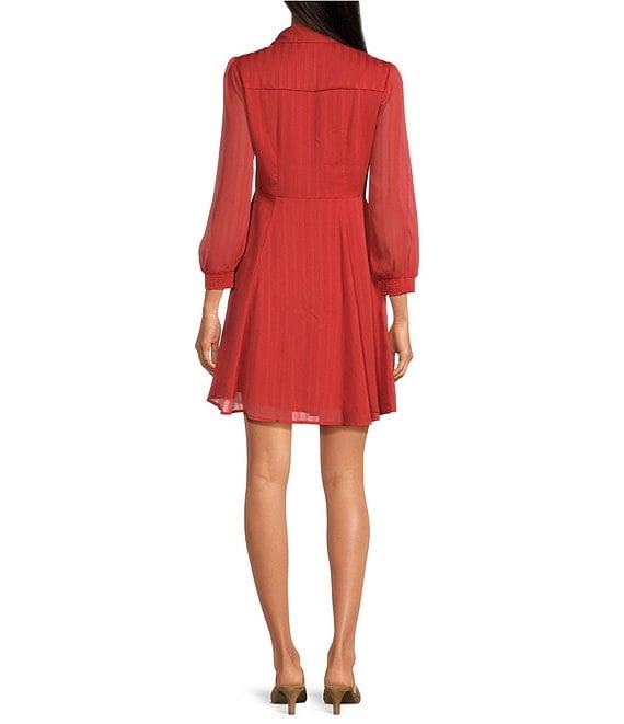 Skies Are Blue Textured Woven V Neck Long Sleeve Button Front Mini Dress Product Image