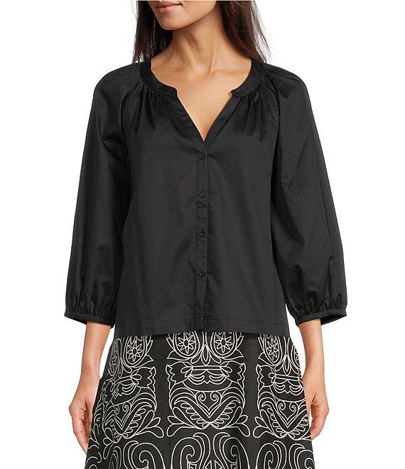 tyler boe Harper Woven Split V-Neck 3/4 Sleeve Button Front Shirt Product Image