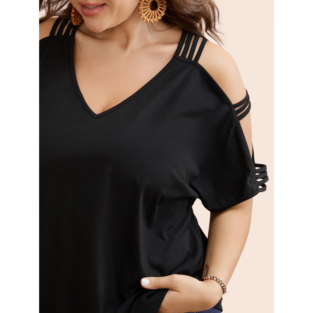 Plus Size Solid Cut Out Batwing Sleeve T-shirt Black Women Resort Cut-Out Plain V-neck Vacation T-shirts BloomChic 30/6X Product Image