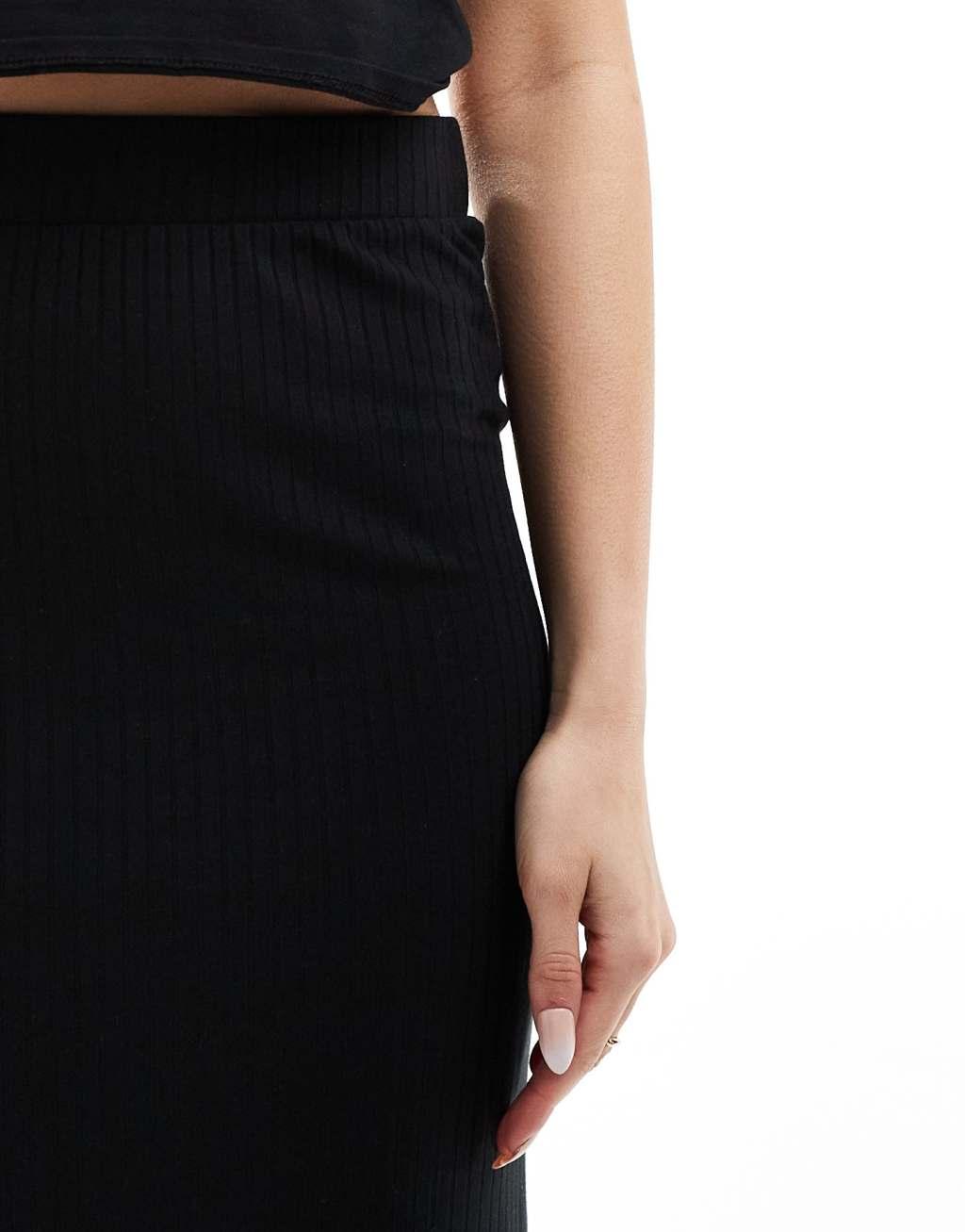 Pieces ribbed column midi skirt in black Product Image