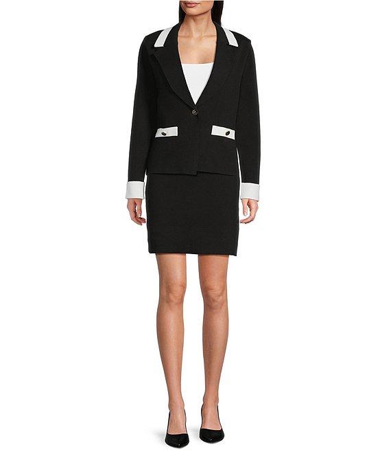 KARL LAGERFELD PARIS Knit Lapel Collar Long Sleeve Contrast Trim Jacket Product Image
