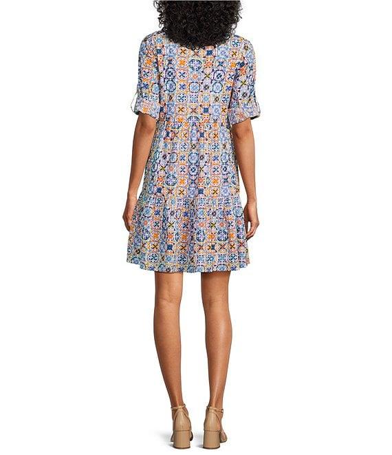 Intro Woven Tile Print Point Collar 3/4 Roll-Tab Sleeve Tiered Button-Front Shirt Dress Product Image